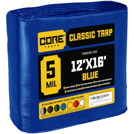 Core Tarps Heavy Duty Tarp, 16 ft L x 0.5 mm H x 12 ft W, 5 Mil, Blue, Polyethylene CT-505-12X16